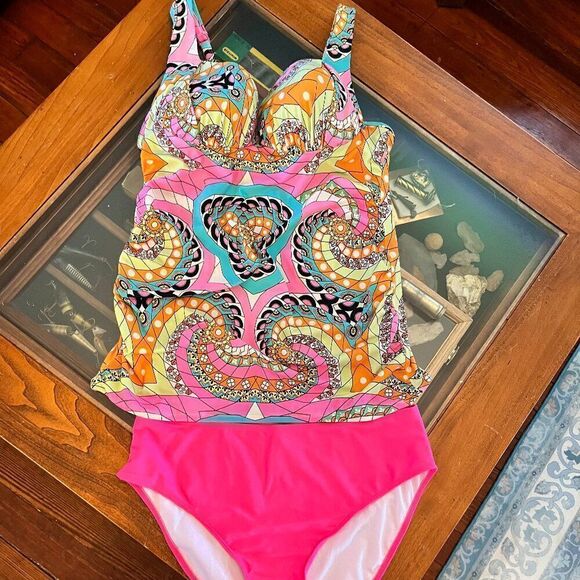 2pc Tankini Pink Blue Pants NEW Shein 2XL Top Lane Bryant 40C Bra Made In! - Picture 1 of 9